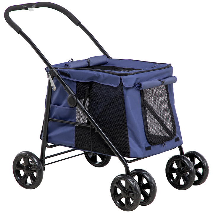 Dog Pram Dog Stroller 4 Wheels Pet Pushchair with Rolling Door, Cushion, Safety Leashes, for Small and Medium Dogs, Dark Blue