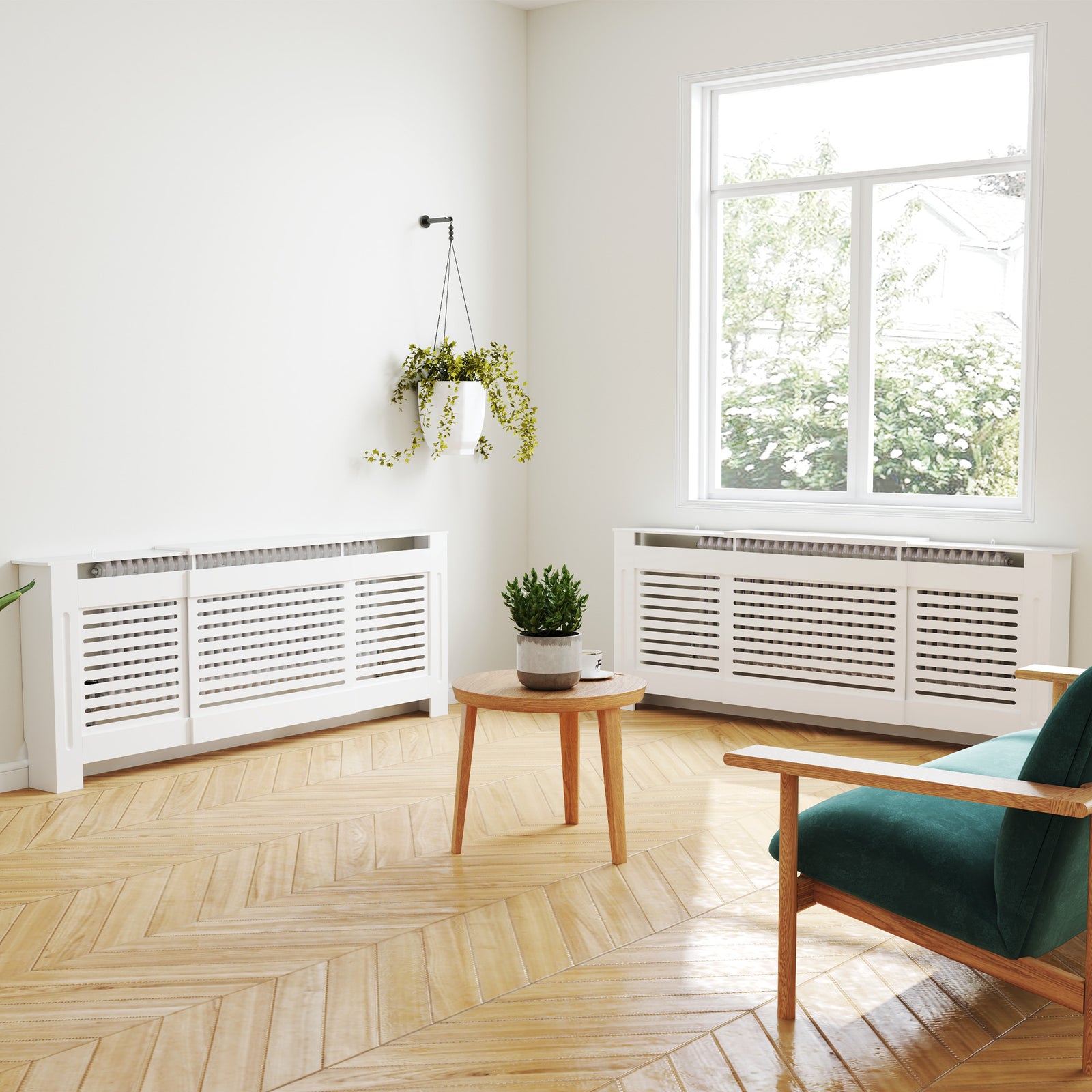 Set of 2 MDF Extendable Radiator Cover with Cabinet Shelving, Home Office Slatted Design, White 139-208.5L x 20.5W x 82.5H cm