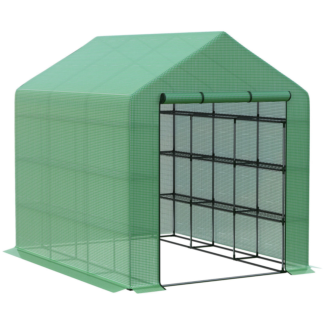 Walk-in Greenhouse with 4 Tier 24 Shelves, Portable Grow House with Roll-up Zipped Door, 244 x 180 x 210cm, Green