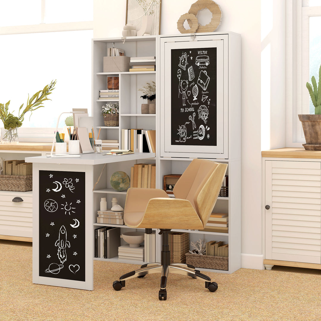 Wall Mounted Computer Desk, Folding Study Table with Black Board and Bookshelf, Multifunctional Floating Writing Desk for Home Office, White