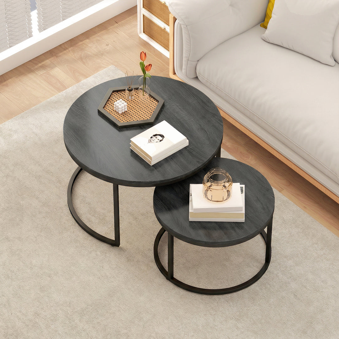 Set of Two Wood-Effect Stacking Tables - Black Wood Grain