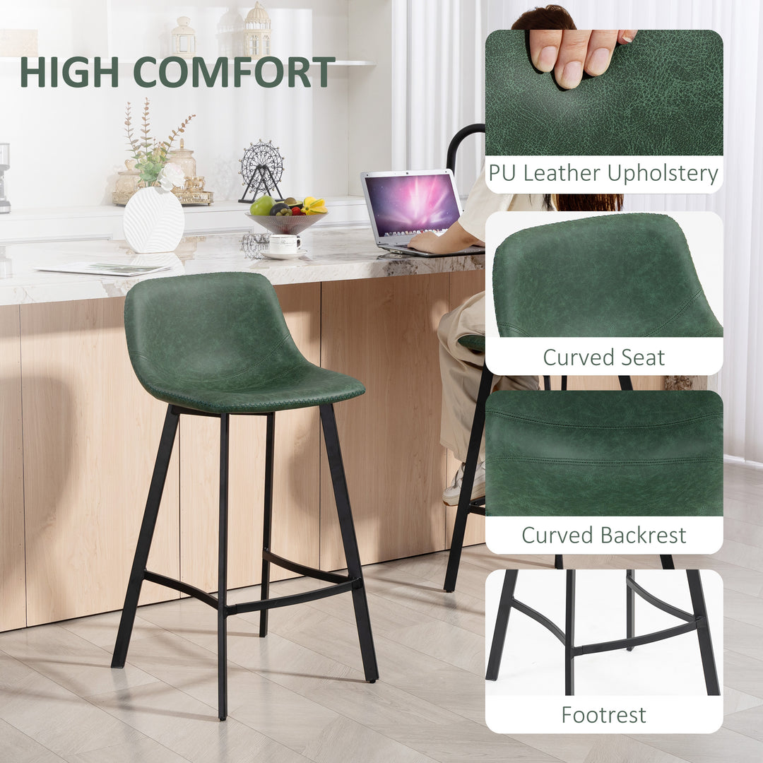 MCL Bar Stools Set of 2, PU Leather Dining Stools with Backrest, Footrest, for Kitchen, Counter, Breakfast Bar, Green