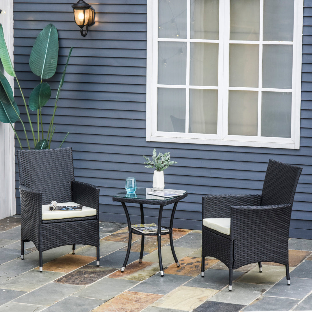 Outsunny 3 Pieces Rattan Bistro Set, Wicker Garden Furniture Set with 2-Tier Coffee Table and Chairs, Cushions, for Outdoor Patio Balcony, Black