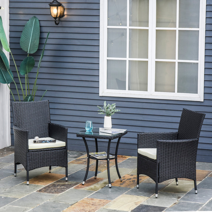 Outsunny 3 Pieces Rattan Bistro Set, Wicker Garden Furniture Set with 2-Tier Coffee Table and Chairs, Cushions, for Outdoor Patio Balcony, Black