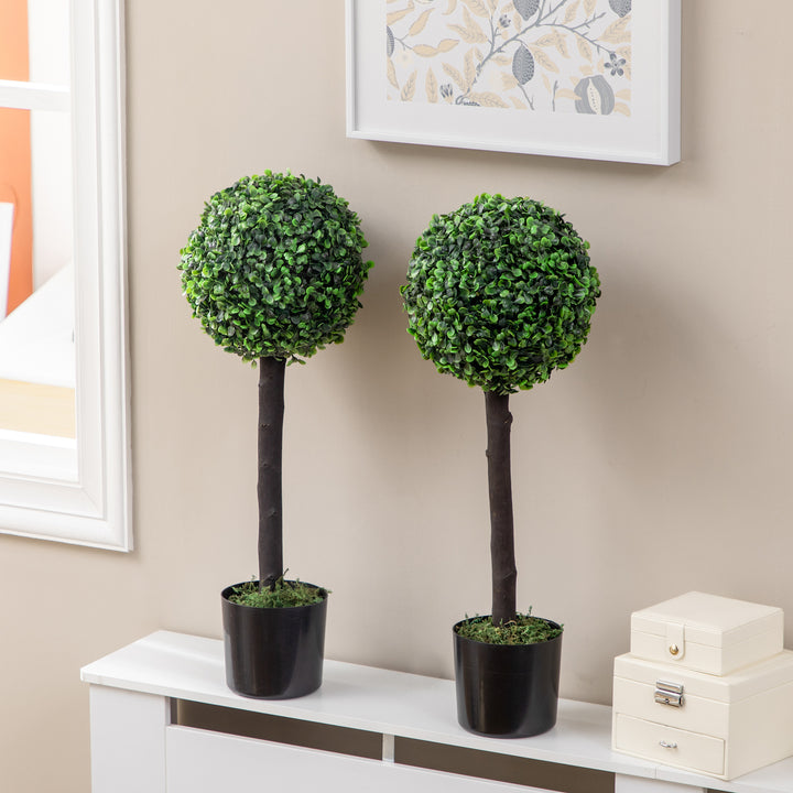 HOMCOM Artificial Boxwood Topiary Balls Set of 2: Faux Plants in Pots, Indoor Outdoor Decor, 20x20x60cm, Green. | Aosom UK