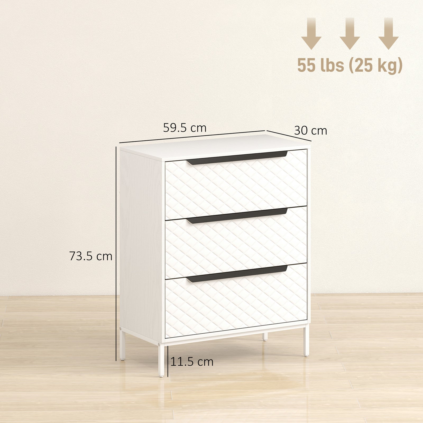 Chest of Drawers, Dresser with 3 Fabric Drawers and Aluminium Handles 