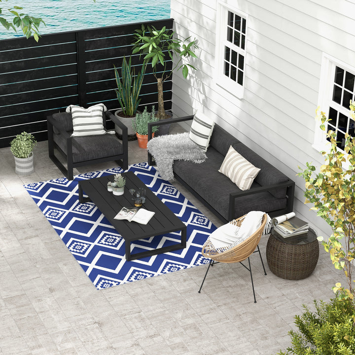Outsunny Reversible Outdoor Rug, Plastic Straw, Portable with Carry Bag, 182 x 274cm, Blue and White