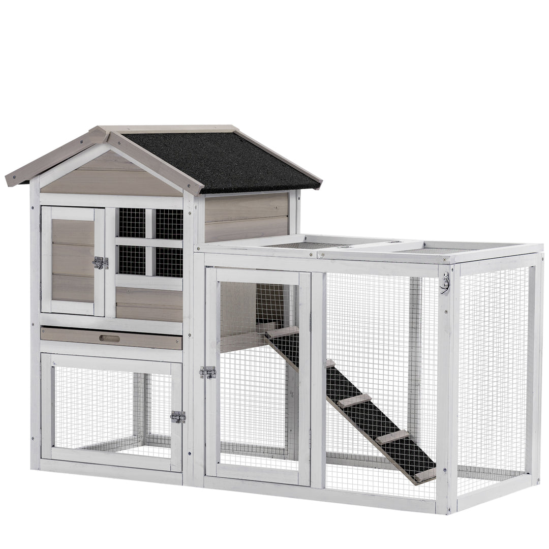 PawHut 2 in 1 Rabbit Hutch, Double Main House Guinea Pig Hutch, Wooden Small Animal House with Run Box, Slide