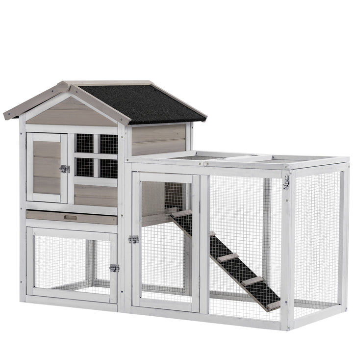 PawHut 2 in 1 Rabbit Hutch, Double Main House Guinea Pig Hutch, Wooden Small Animal House with Run Box, Slide
