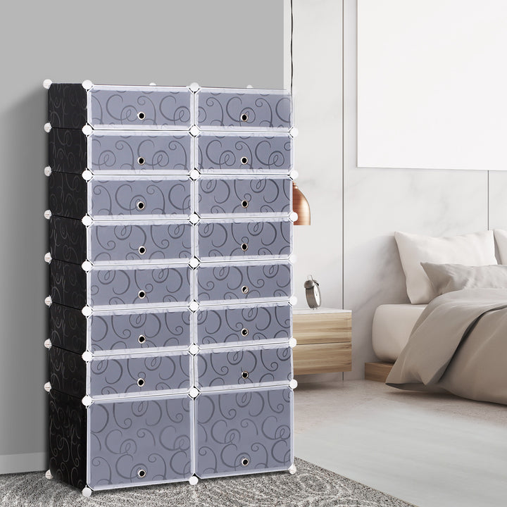 16 Cube Shoe Rack, 2 x 8 Tier Shoe Storage Cabinet, Modular Plastic Shelves for Bedroom, Living Room and Entryway, Space Saving Footwear Organizer, 32 Pairs, White and Black