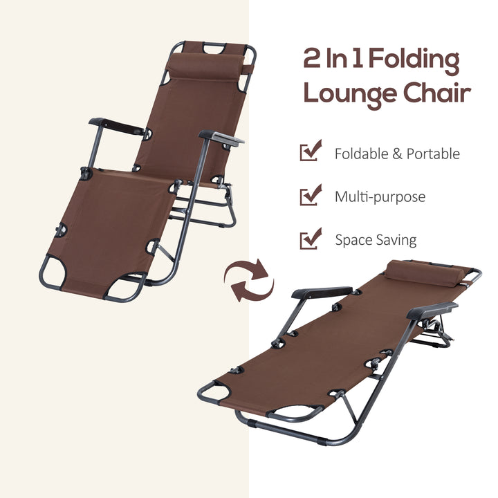 2 in 1 Folding Sun Lounger Reclining Garden Chair Set of 2 with 2-Level Adjustable Backrest, Outdoor Zero Gravity Recliner Garden Chairs with Head Pillow and Armrests, Brown