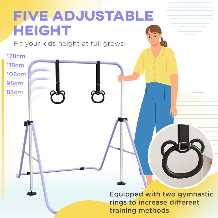 Adjustable Height, Foldable Kids Gymnastics Bar w/ Non-slip Rubber Floor Rings, for 3+ Years, Purple