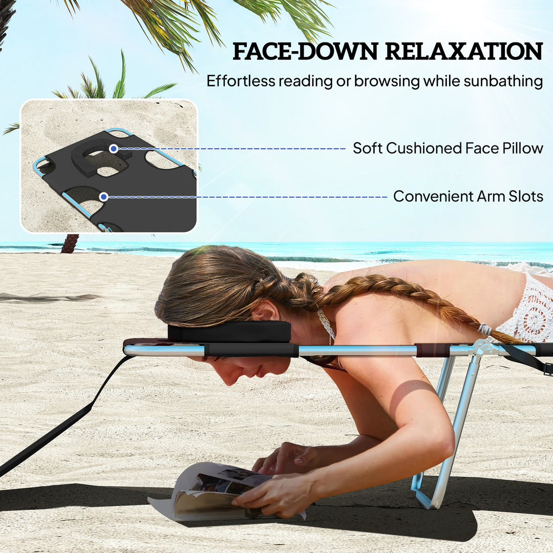 Foldable Sun Lounger, Beach Chaise Lounge with Reading Hole, Arm Slots, 5-Position Adjustable Backrest, Side Pocket, Pillow for Garden, Beach, Pool, Black