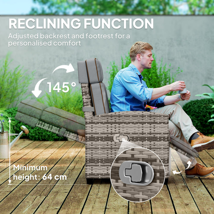 145° Reclining Rattan Armchair, with Footrest - Mixed Grey/Grey