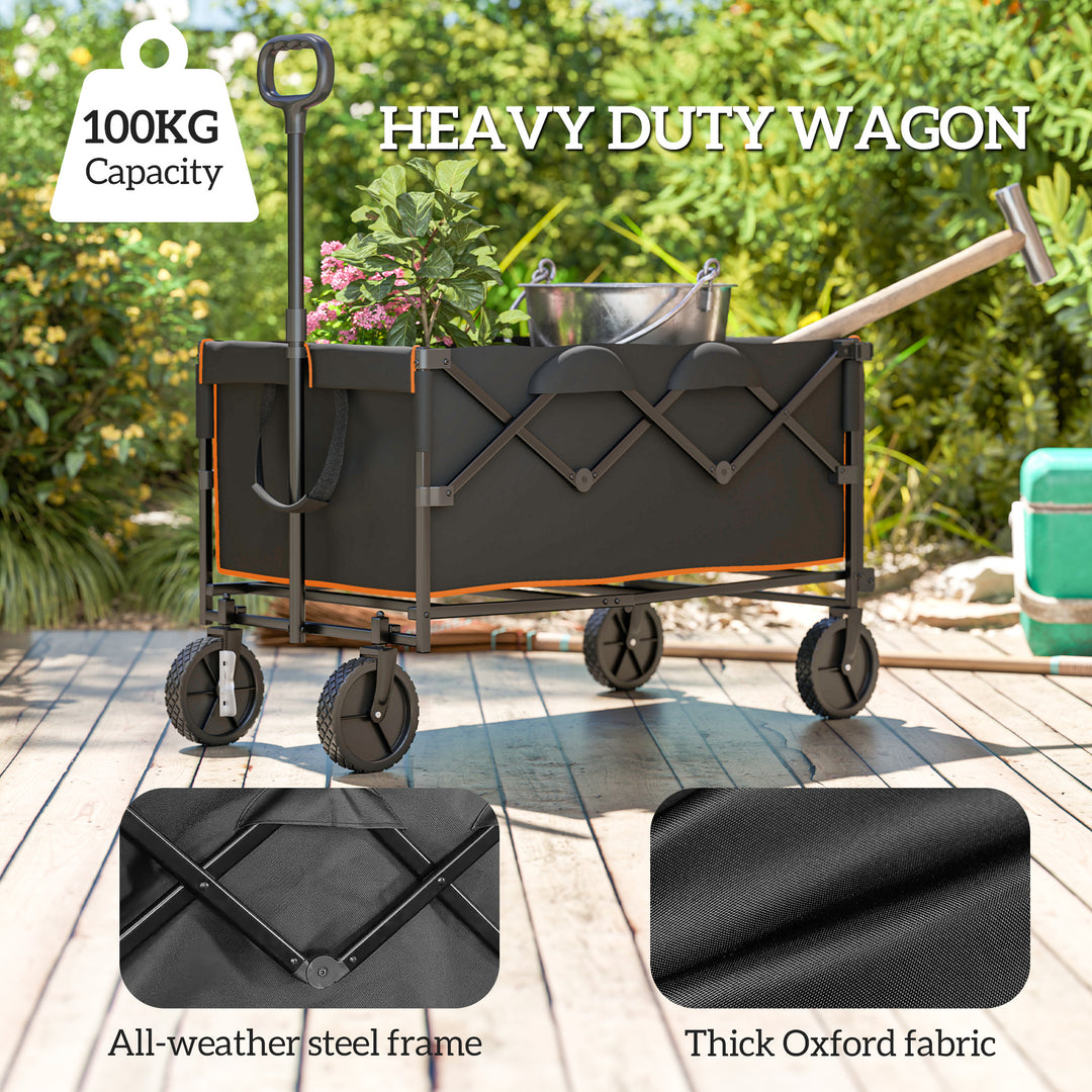 160L Festival Trolley on Wheels, Folding Camping Trolley Cart w/ Tailgate, 100kg Heavy Duty Garden Collapsible Folding Wagon w/Adjustable Handle, Carry Bag for Beach Picnic, Black and Orange