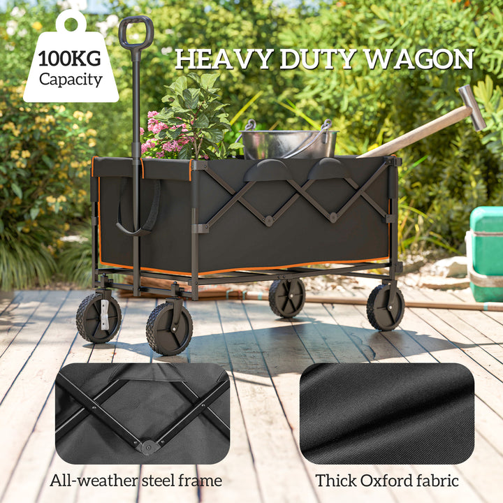 160L Festival Trolley on Wheels, Folding Camping Trolley Cart w/ Tailgate, 100kg Heavy Duty Garden Collapsible Folding Wagon w/Adjustable Handle, Carry Bag for Beach Picnic, Black and Orange