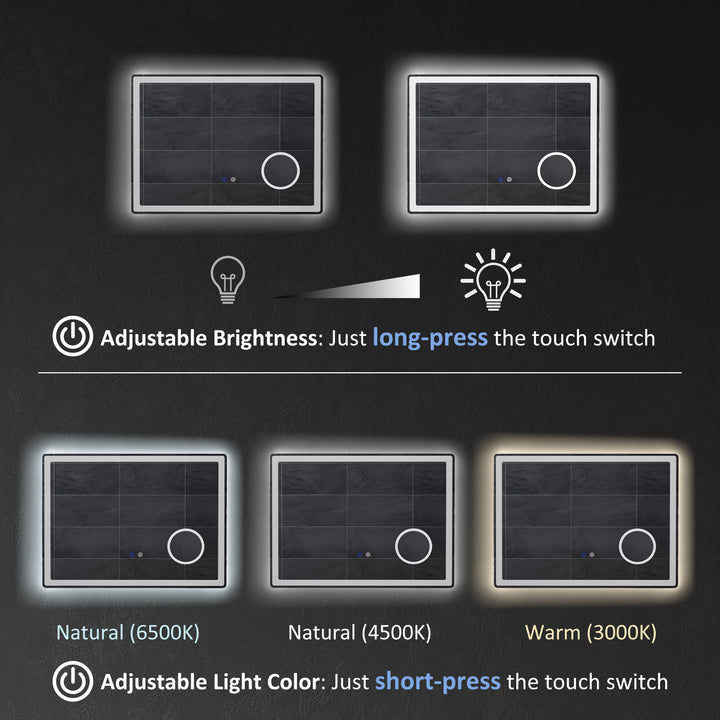 LED Bathroom Mirror with Lights, 3X Magnifying Mirror, Dimming Lighted Bathroom Mirror, Vanity Mirror with 3 Colour Front and Backlit, Smart Touch, Anti-Fog, Horizontal and Vertical, 80x60cm