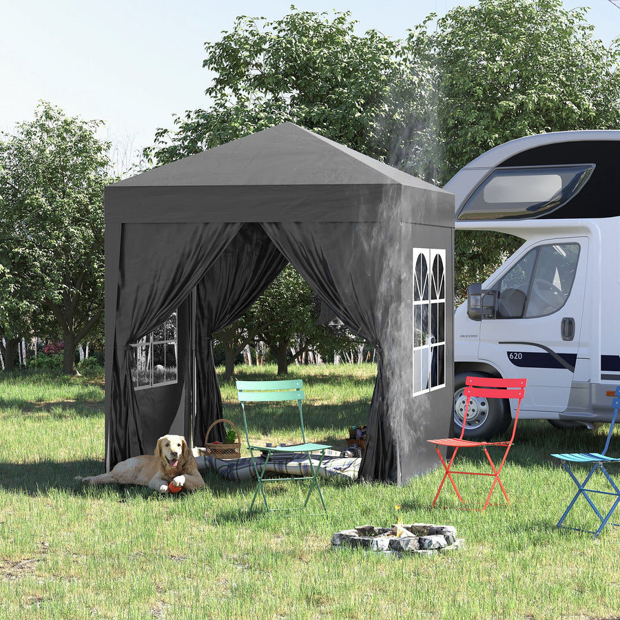 2 x 2 m Garden Pop Up Gazebo, Wedding Party Tent Marquee, Water Resistant Awning Canopy with Sidewalls, Windows, Carry Bag, Black