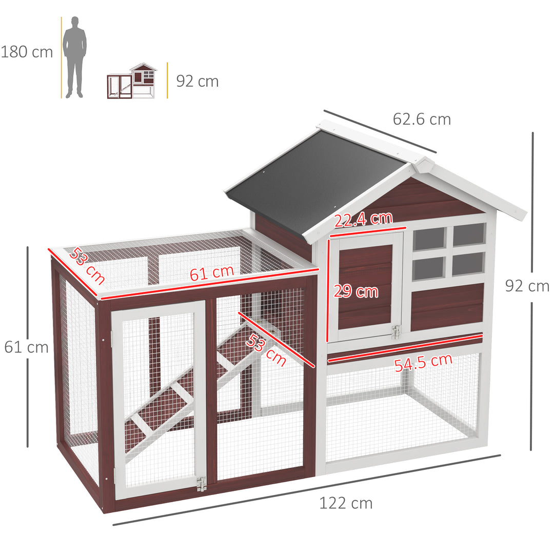 PawHut 122 Wooden Rabbit Hutch Bunny Cage with Waterproof Asphalt Roof, Fun Outdoor Run, Removable Tray and Ramp, Brown