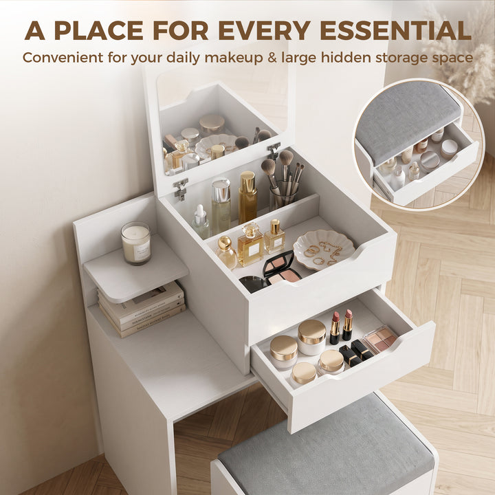 Vanity Desk Flip Top Hidden Mirror Vanity Rolling Stool Open Shelf - view 5