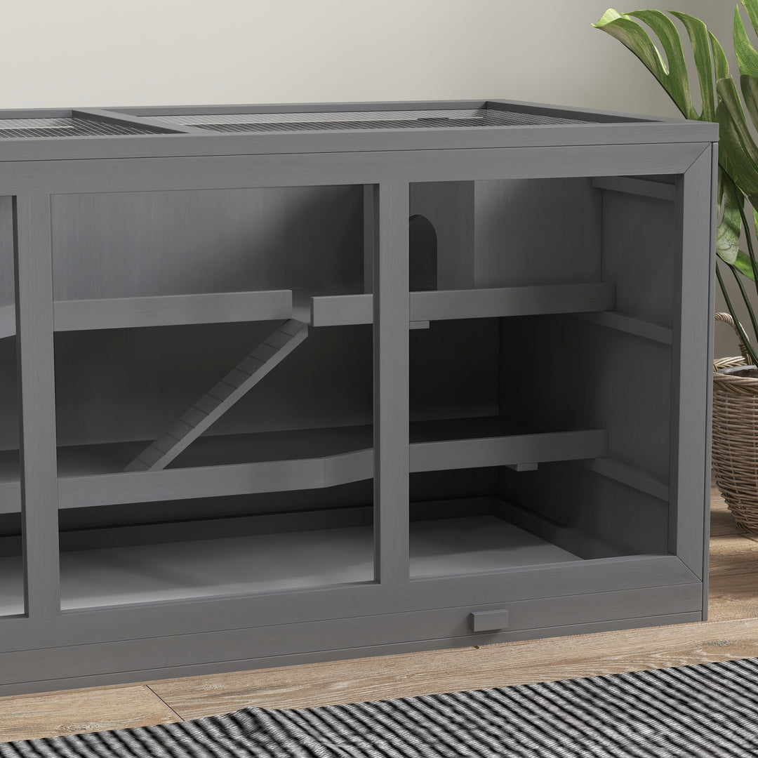 Wooden Hamster Cage, Small Animals Hutch with Tray, Openable Top, Exercise Play House Pen, 115L x 57W x 55Hcm, Grey