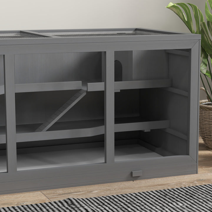 Wooden Hamster Cage, Small Animals Hutch with Tray, Openable Top, Exercise Play House Pen, 115L x 57W x 55Hcm, Grey