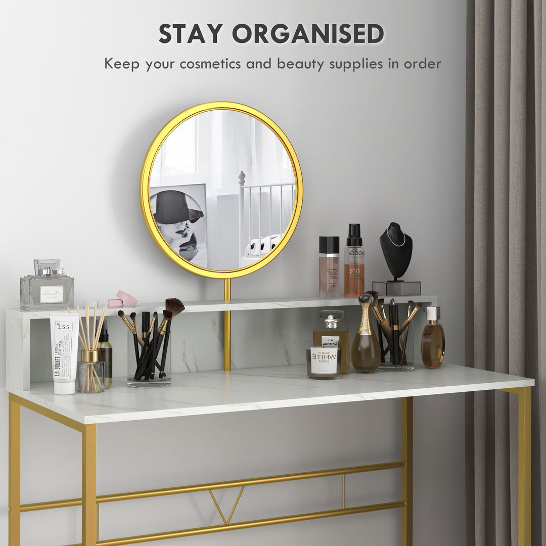 Modern Dressing Table with Round Mirror, Vanity Makeup Desk with Open Storage, Faux Marble Texture and Steel Frame for Bedroom, White