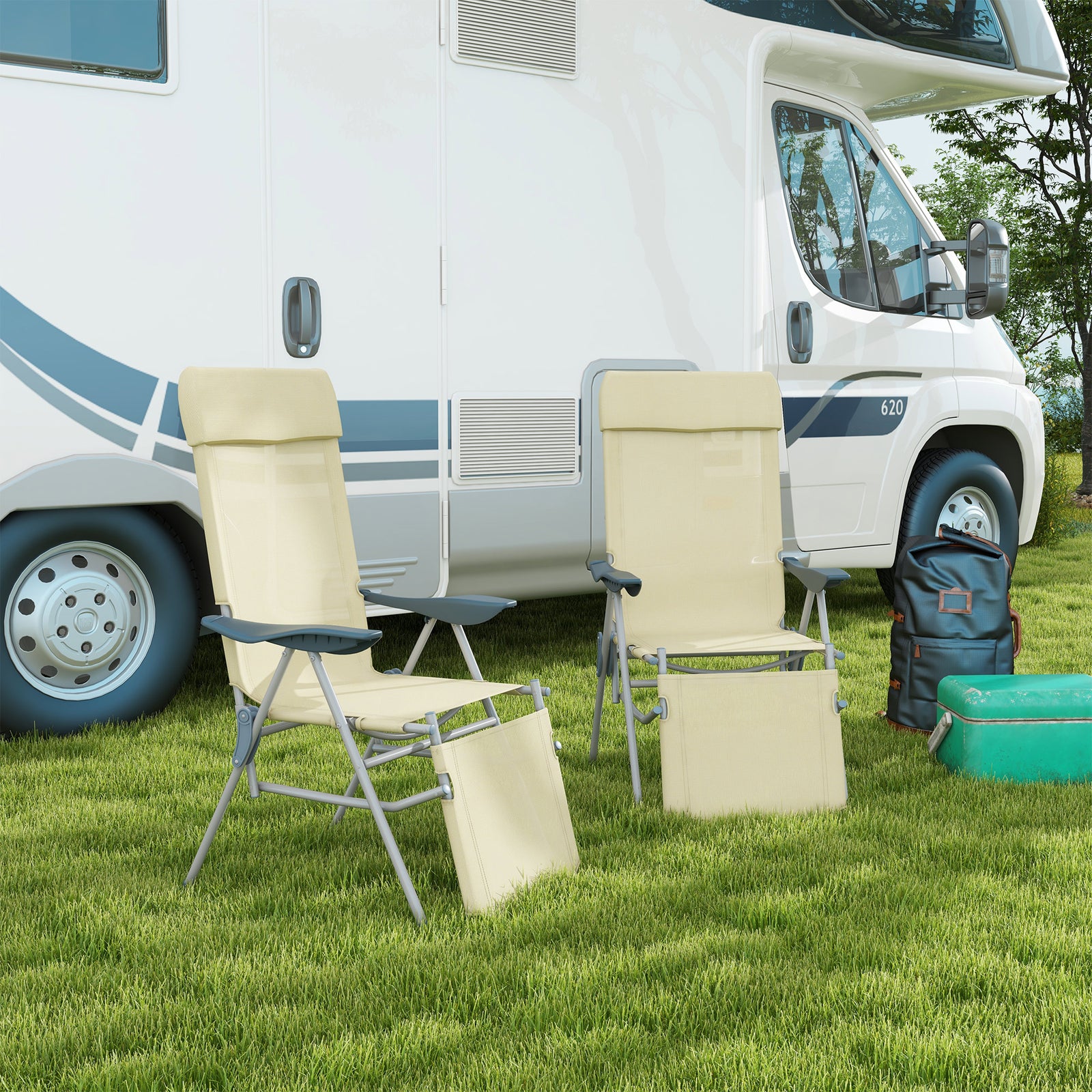 Set of Two Sun Loungers, with Five-Position Adjustable Backs - Beige