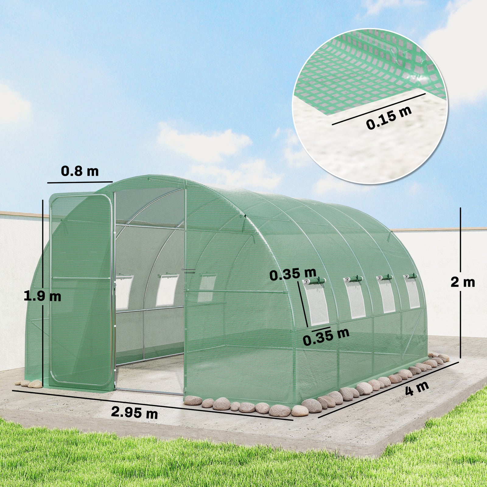 3 x 4 m Walk-in Polytunnel Greenhouse with Hinged Door and 8 Roll Up M