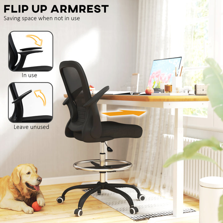 Draughtsman Chair, Mesh Drafting Chair, Ergonomic Office Chair with Flip-up Armrest, Adjustable Foot Ring, Black