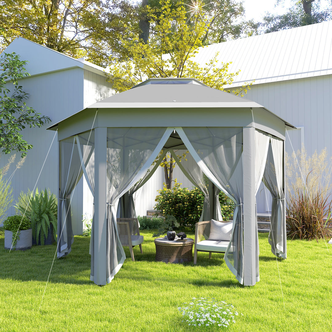 3 x 4m Garden Gazebo Hexagon Pop Up Gazebo Party Tent Canopy Double Roof Instant Shelter with Netting and Carry Bag for Outdoor Patio, Dark Grey