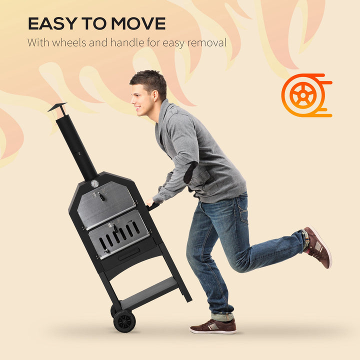 MCL Outdoor Garden Pizza Oven Charcoal BBQ Grill 3-Tier Freestanding w/ Chimney, Mesh Shelf, Thermometer Handles, Wheels Garden Party Gathering Stainless Steel Cooker