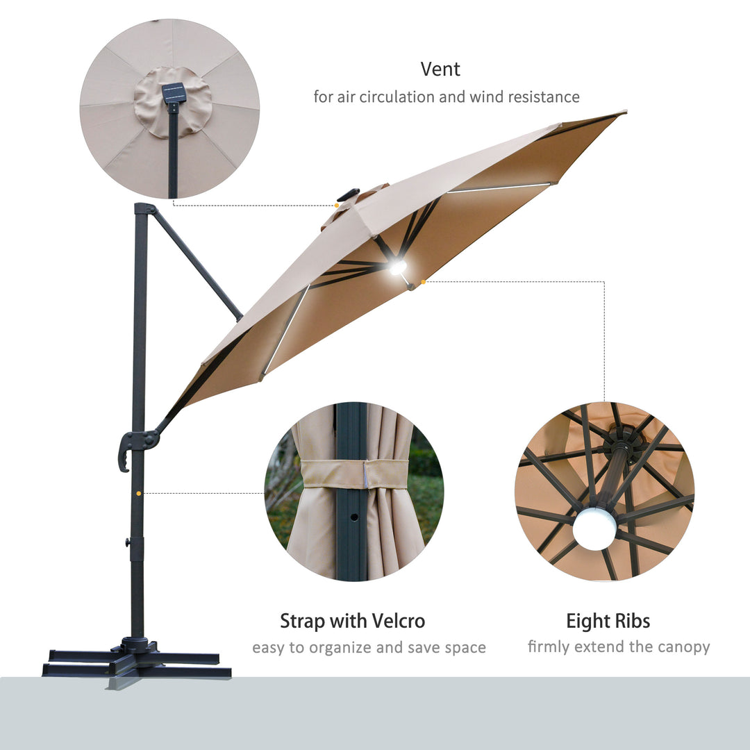 3(m) LED Cantilever Parasol Outdoor Sun Umbrella w/ Base Solar Lights Brown