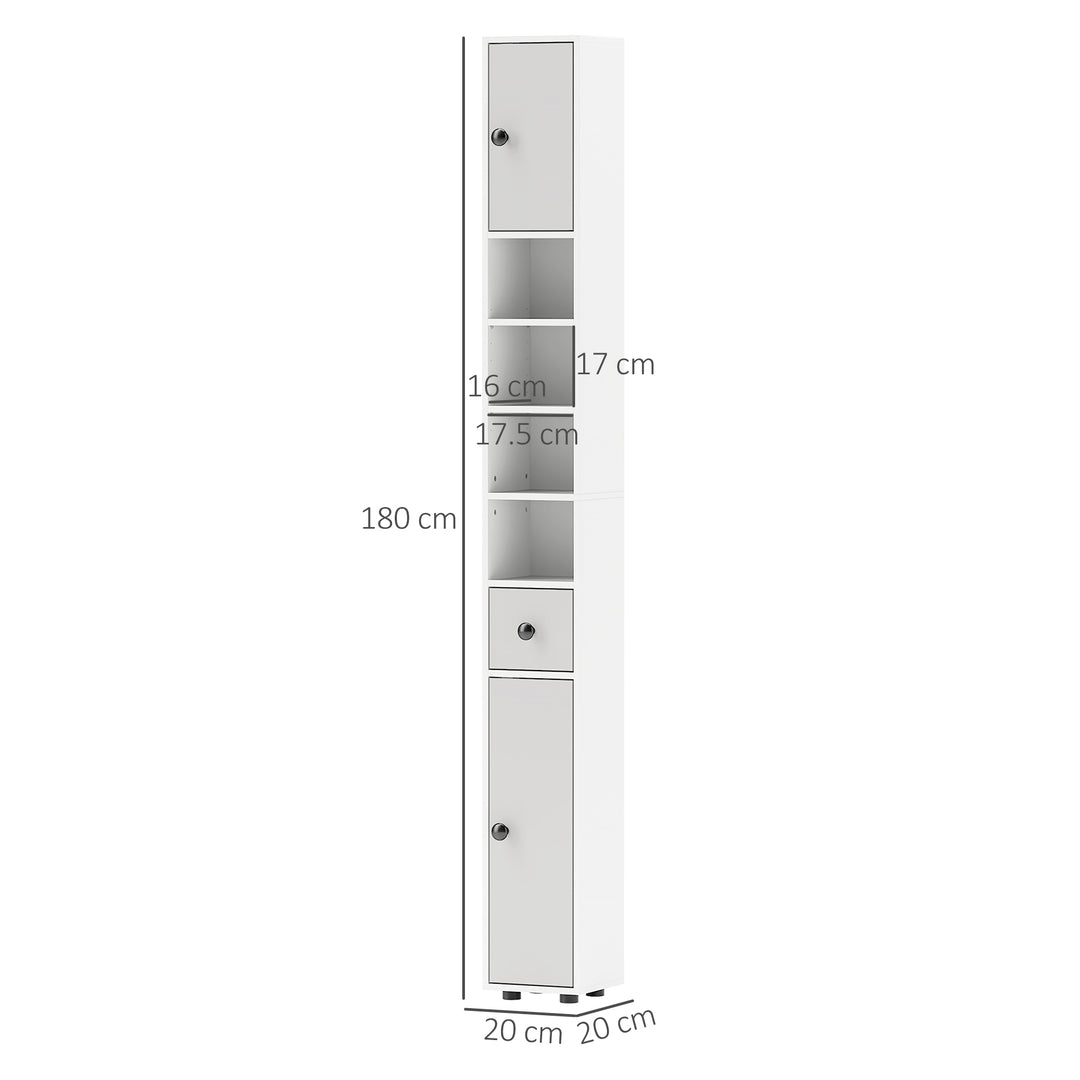 180cm Slim Bathroom Cabinet, with Drawer, Shelves and Cupboards - Light Grey