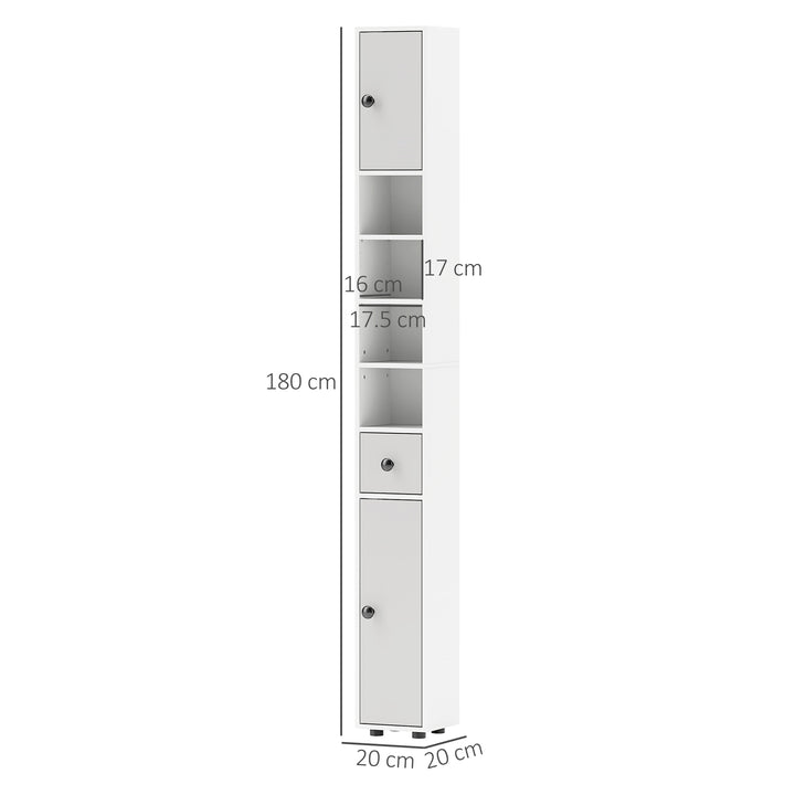 180cm Slim Bathroom Cabinet, with Drawer, Shelves and Cupboards - Light Grey