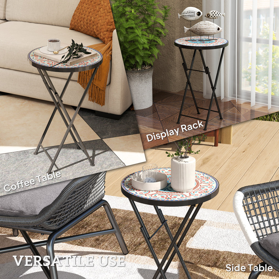 Mosaic Outdoor Garden Table, 35.5cm Round Folding Coffee Table with Metal Frame for Balcony Terrace, Multicolour