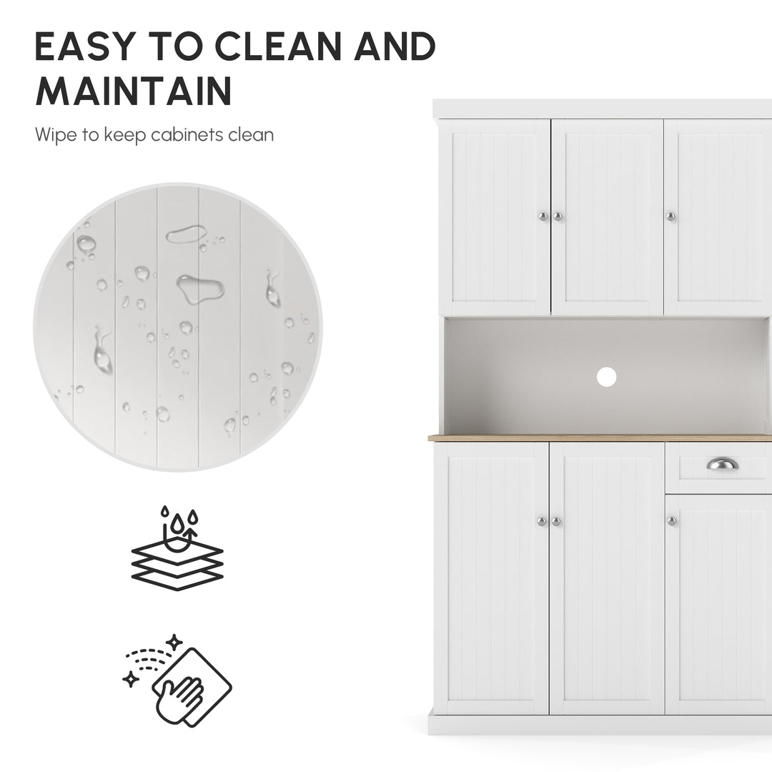 180cm Freestanding Kitchen Cabinet, Modern Storage Cupboard with Open Countertop, Drawer and 6 Doors, White
