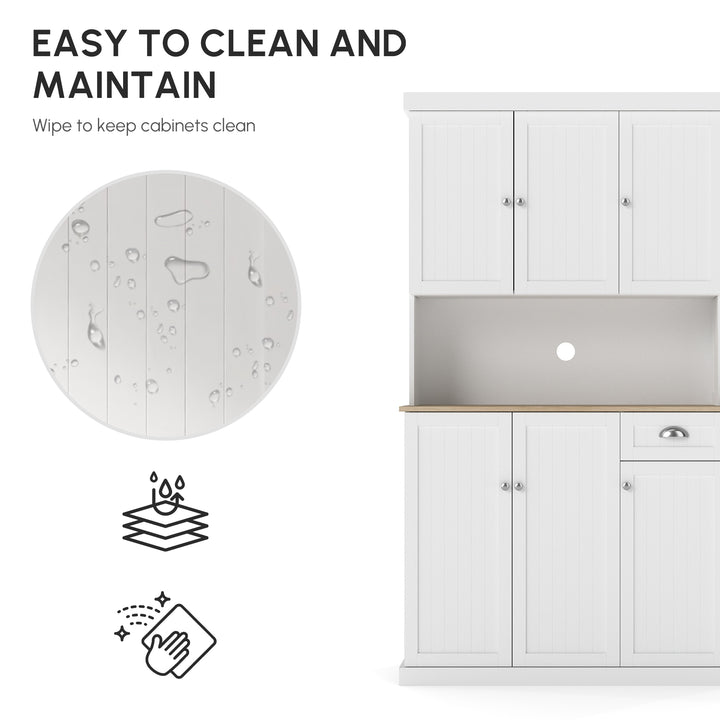 180cm Freestanding Kitchen Cabinet, Modern Storage Cupboard with Open Countertop, Drawer and 6 Doors, White