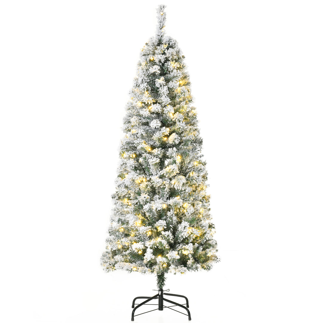 5FT Prelit Artificial Snow Flocked Christmas Tree with Warm White LED Light, Holiday Home Xmas Decoration, Green White