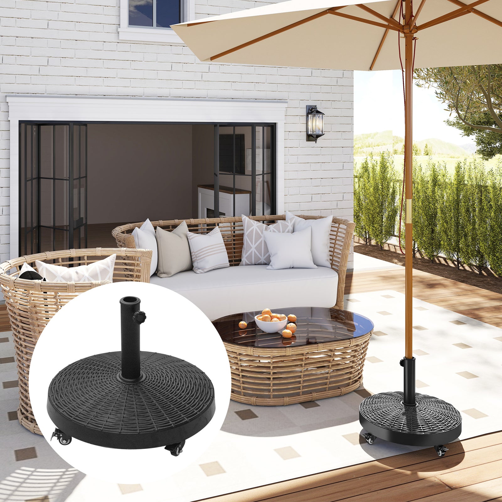 22.7kg Resin Patio Parasol Base Umbrella Stand Weight Deck Garden Sunshade Holder Round w/ Wheels Brakes Outdoor