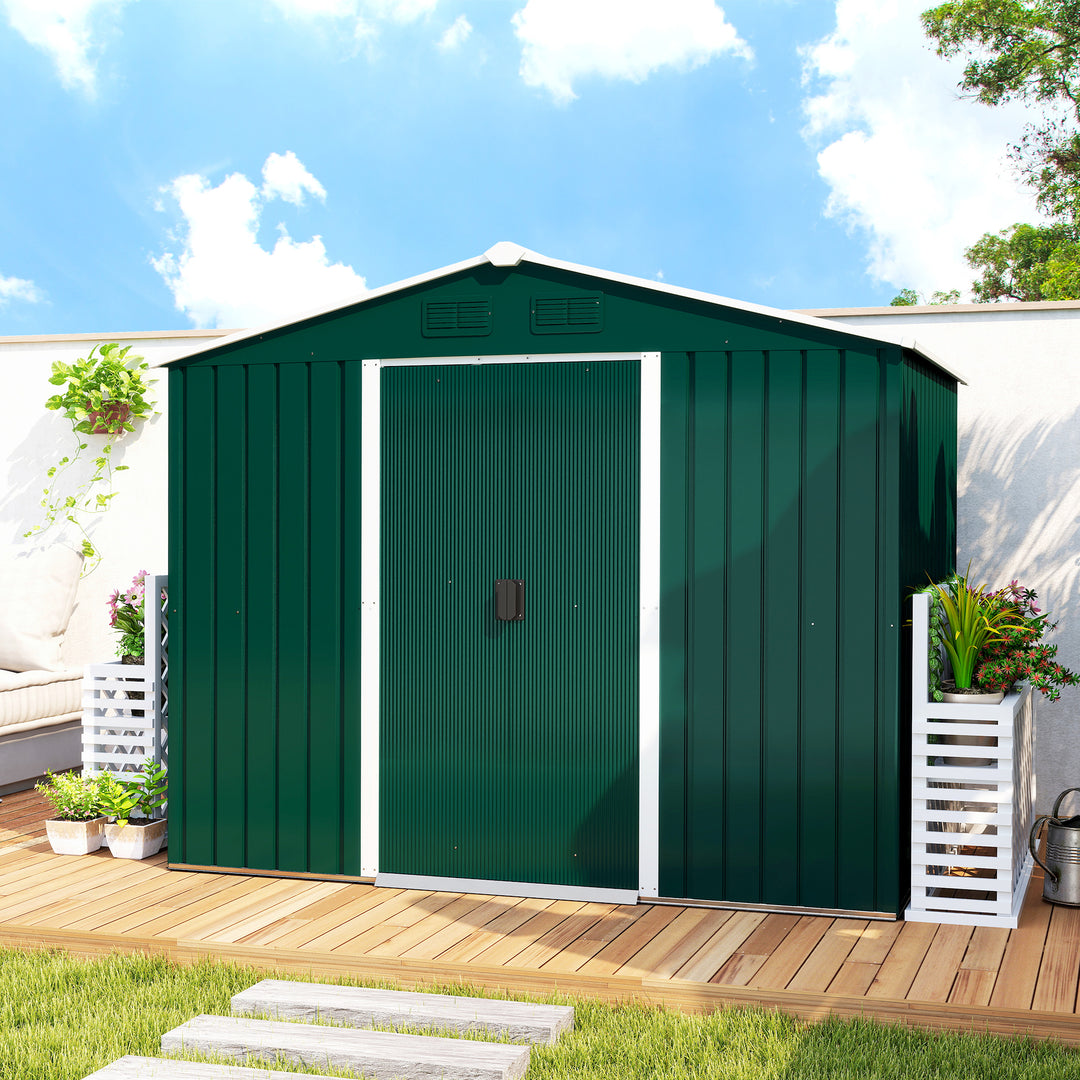 MCL 7.7 x 5.7ft Metal Garden Shed with Ventilation Slots and Sliding Doors, Galvanised Outdoor Tool Storage House, Green