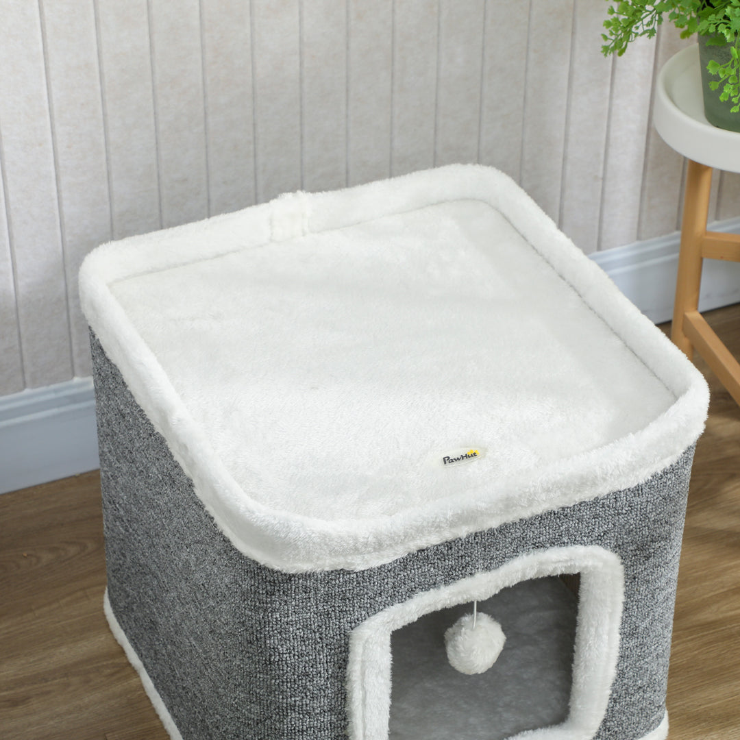 MCL Cat House for Indoor Kittens, 2-Level Cat Cave Bed with Fluffy Balls, Top Bed, Kitten Barrel for Multi Kitties, Grey