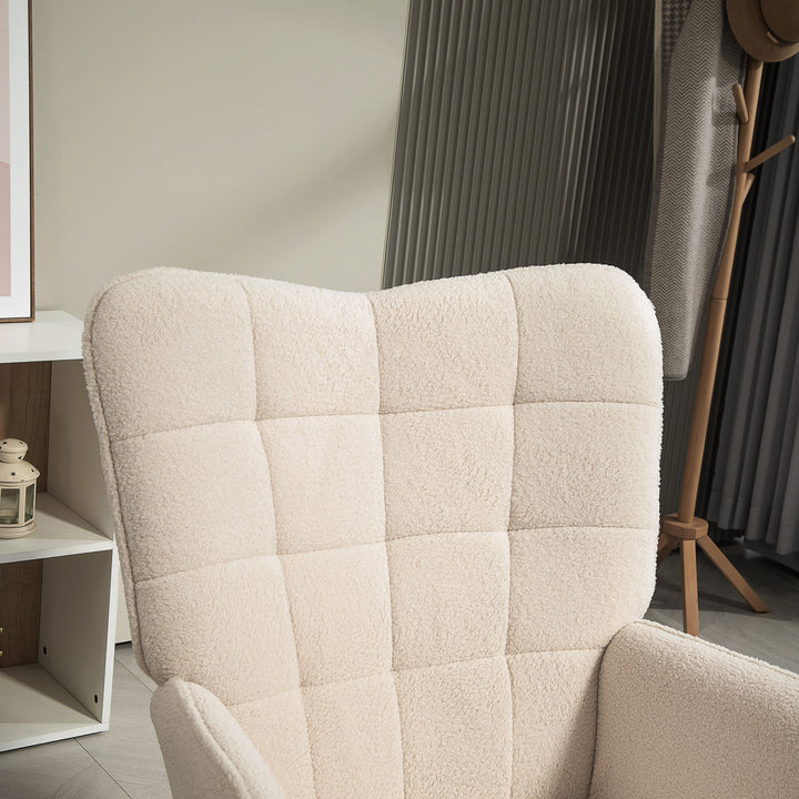 Modern Accent Chair, Upholstered Tufted Wingback Armchair with Seat Padding, Teddy Fleece Leisure Lounge Bedroom Chair with Wood Legs, Cream White
