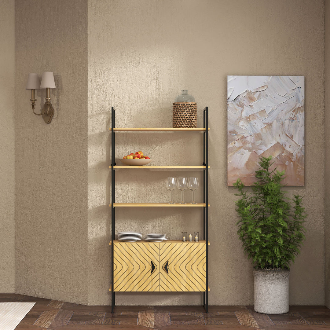 HOMCOM Industrial Bookshelf 4-Tier Shelving with Double Door Cabinet and Metal Frame for Living Room, Bedroom, Oak Tone