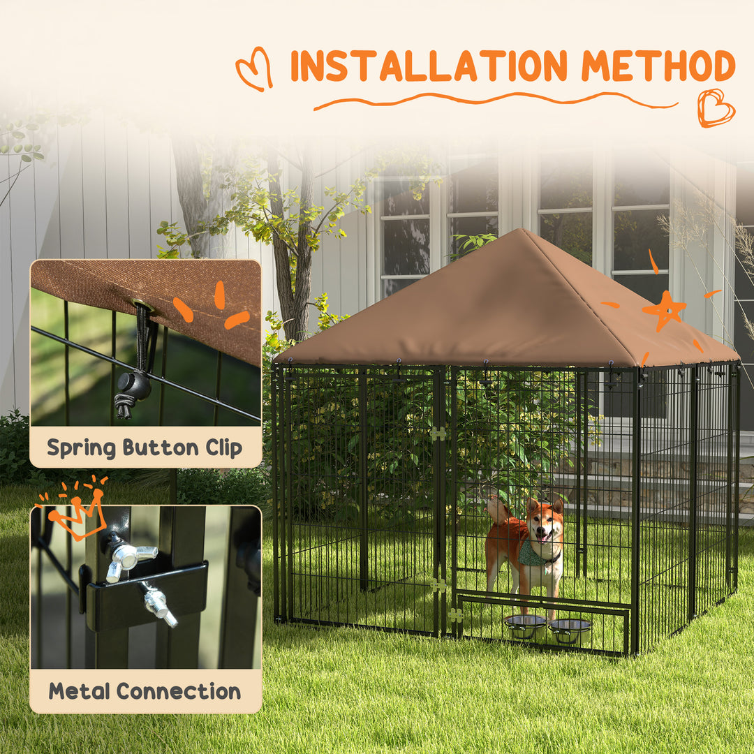 PawHut Outdoor Dog Kennel Puppy Play Pen with Canopy Garden Playpen Fence Crate Enclosure Cage Rotating Bowl 141 x 141 x 151 cm