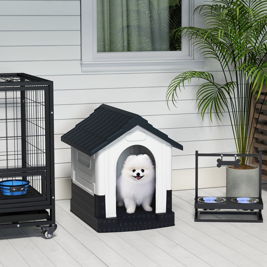 Plastic Dog Kennel with Windows, for Garden Patio, Miniature Dogs, 64.5 x 57 x 66cm - Grey