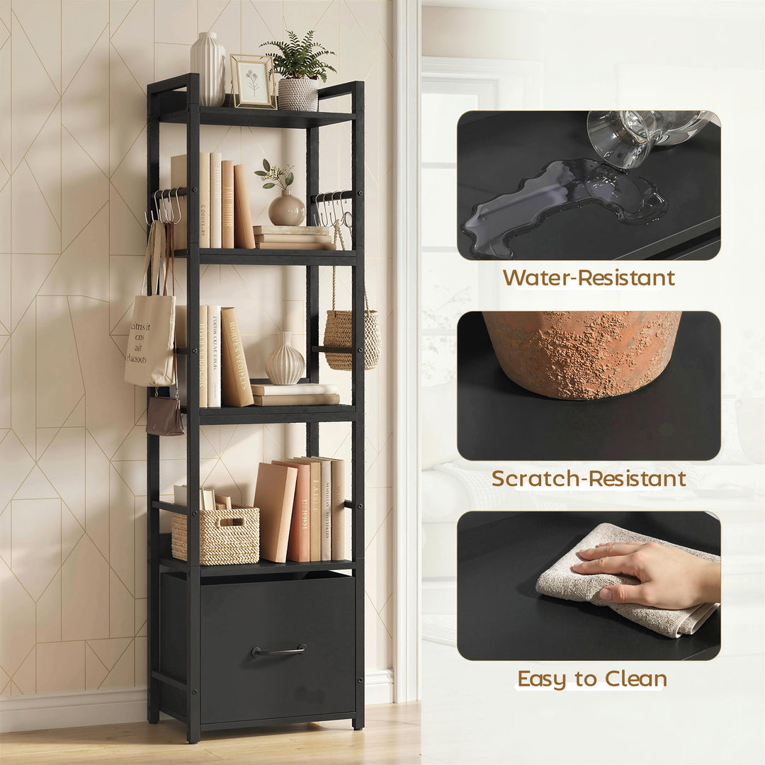 4-Tier Bookshelf, Narrow Bookcase with Drawer, 8 Hooks, Metal Frame, B