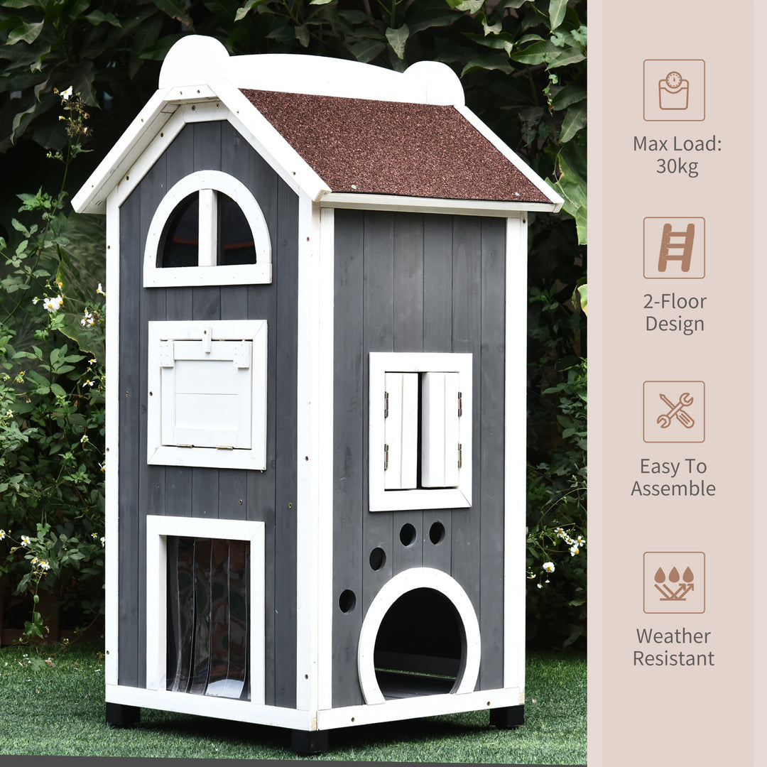 PawHut Wooden Cat House, Weatherproof Pet Shelter, Outdoor Cat Condos Cave, 2 Floor Furniture, Grey and White | Aosom UK