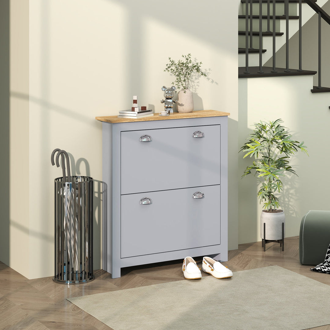 2 Drawer Shoe Cabinet Modern Narrow Shoe Cupboard Hallway Wooden Storage Organiser with Flip Doors Adjustable Shelf for 6-12 Pairs
