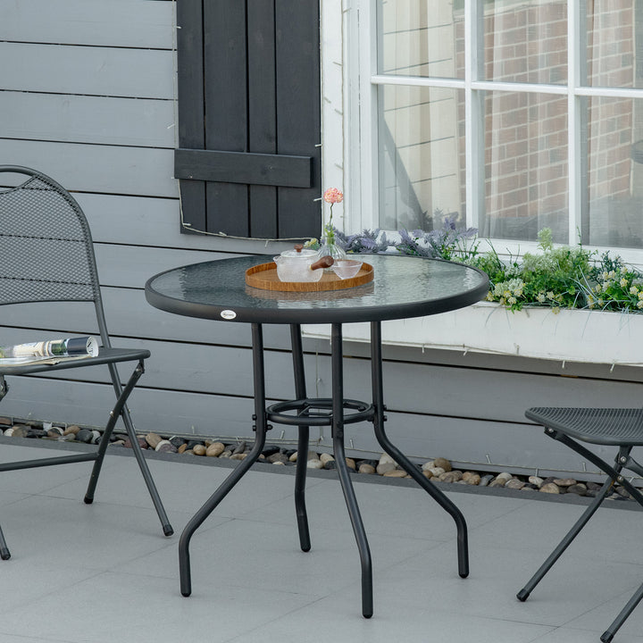 Outdoor φ80cm Round Dining Table Tempered Glass Top Steel Frame Bistro Coffee End Side Table Garden w/ Parasol Hole